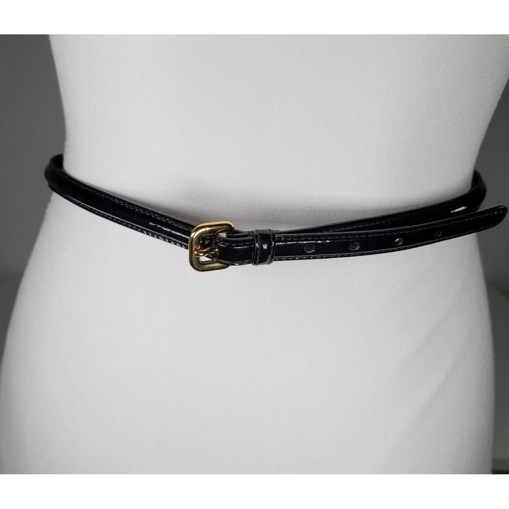 Prada Black Patent Leather Bow Thin Belt Gold Buckle Made in Italy Size 80/32